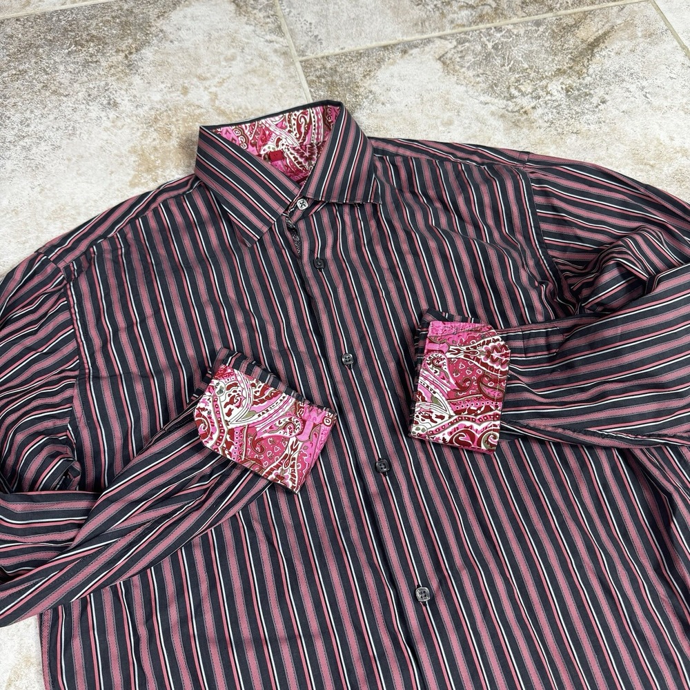 Luchiano Visconti Shirt Mens XL Striped Floral Flip Cuff Preppy Work Paisley